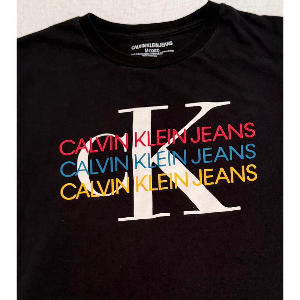 Calvin Klein Jeans Boys Black Graphic T-Shirt CK Logo Size M 10/12 Multi Color